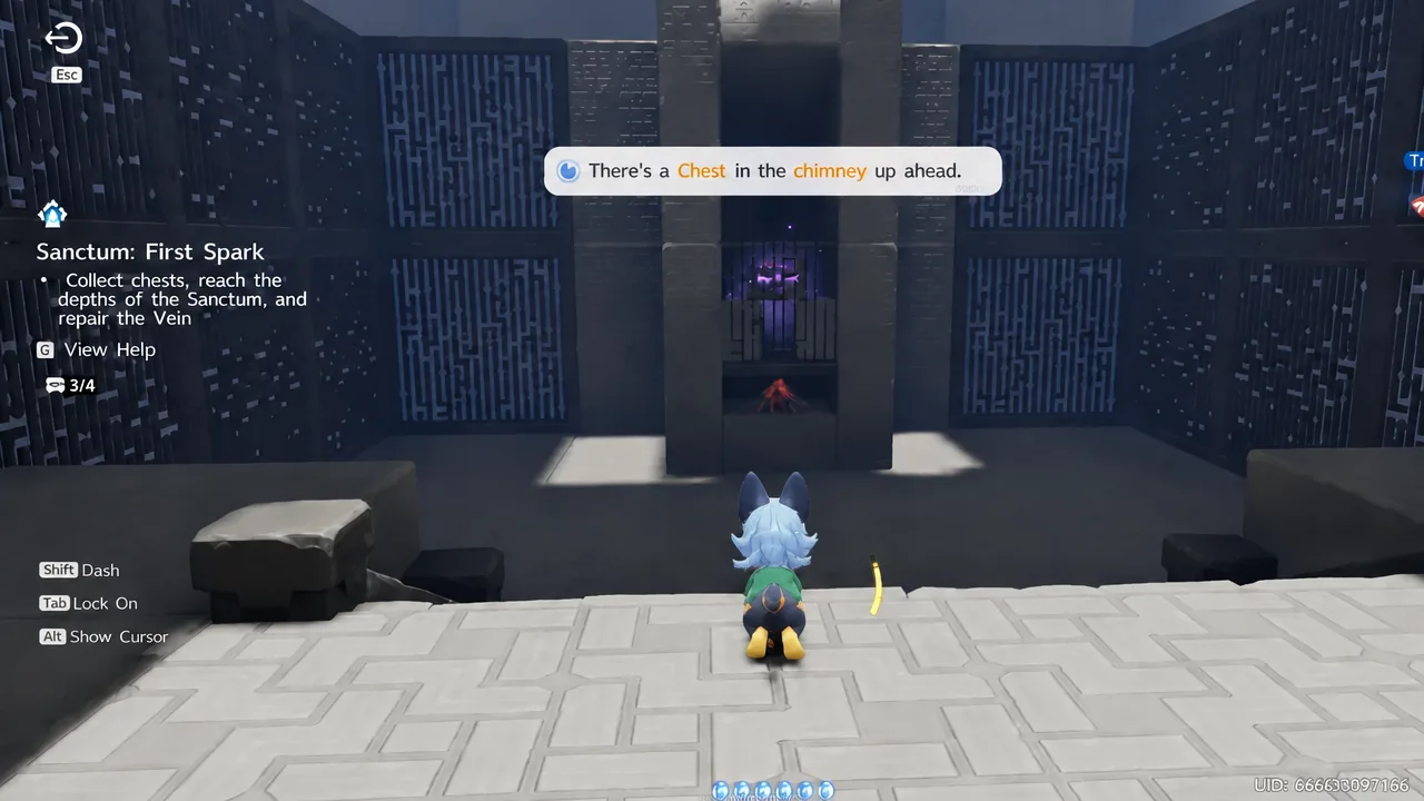 Sanctum: First Spark prompt pointing the player toward the chest hidden in the chimney