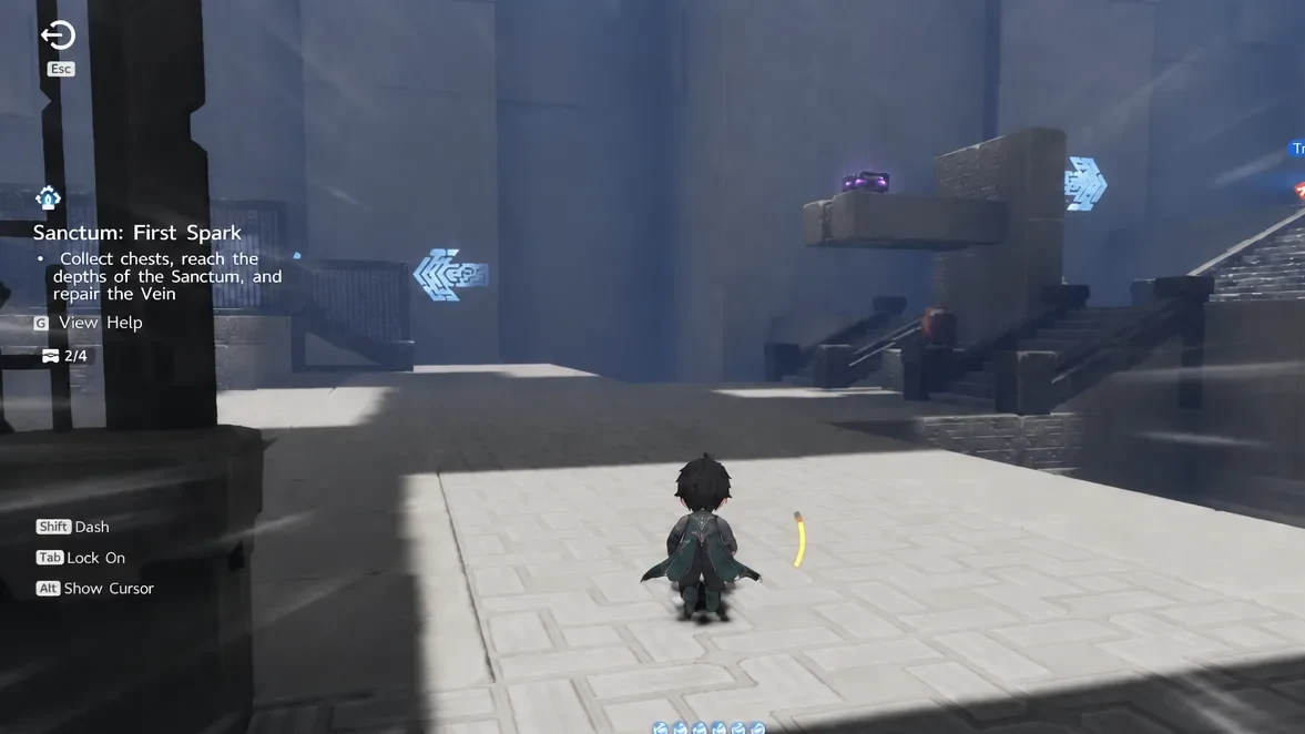 Player moving through the central room of First Spark toward the last chest and the exit