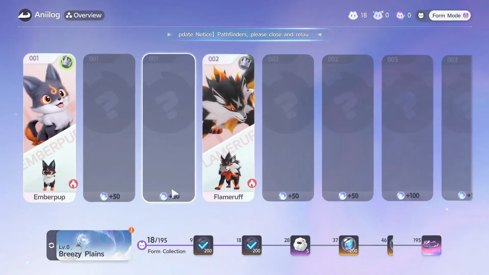 Aniilog Overview screen showing the Form Collection with an empty 001 slot between Emberpup and Flameruff