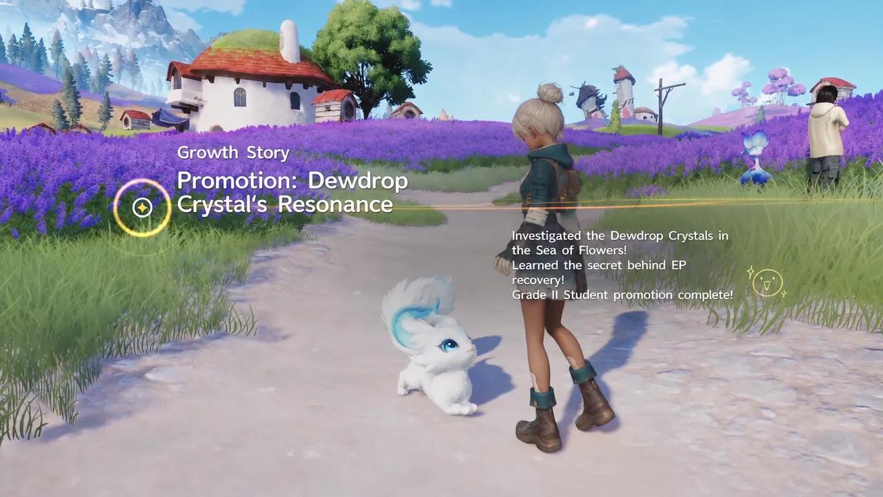 Growth Story screen showing Promotion: Dewdrop Crystal's Resonance as the Grade II Student promotion completes