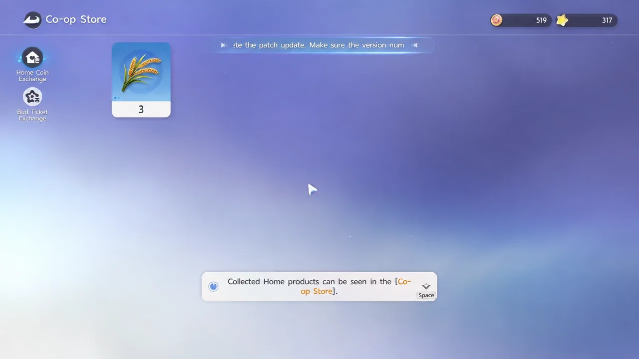 Co-op Store screen with the wheat Home product card highlighted while collecting