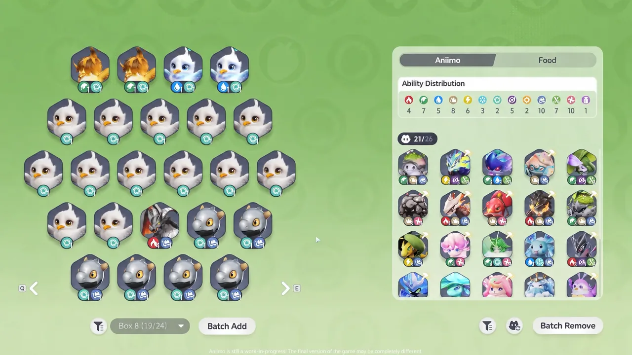 Aniimo box open on Box 8 with captured creatures and Batch Add and Batch Remove controls