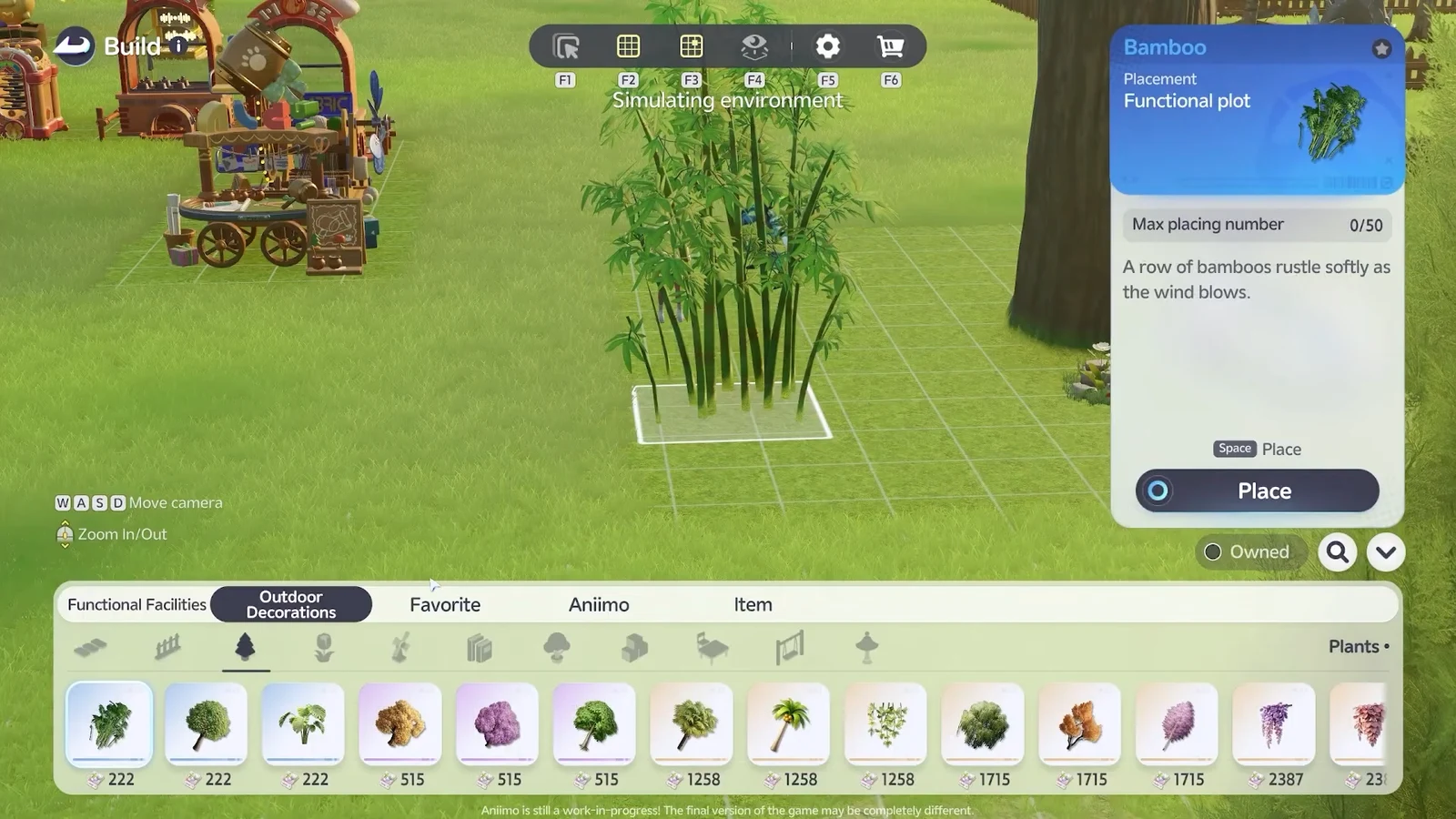 Outdoor Decorations plant catalog with Bamboo selected before placement on the grid