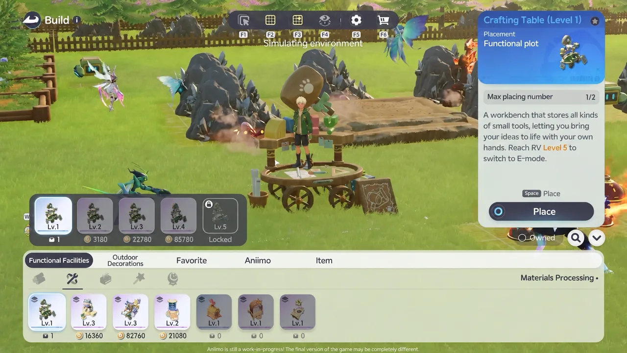 Crafting Table Level 1 plot selected with the Place button ready to drop it down