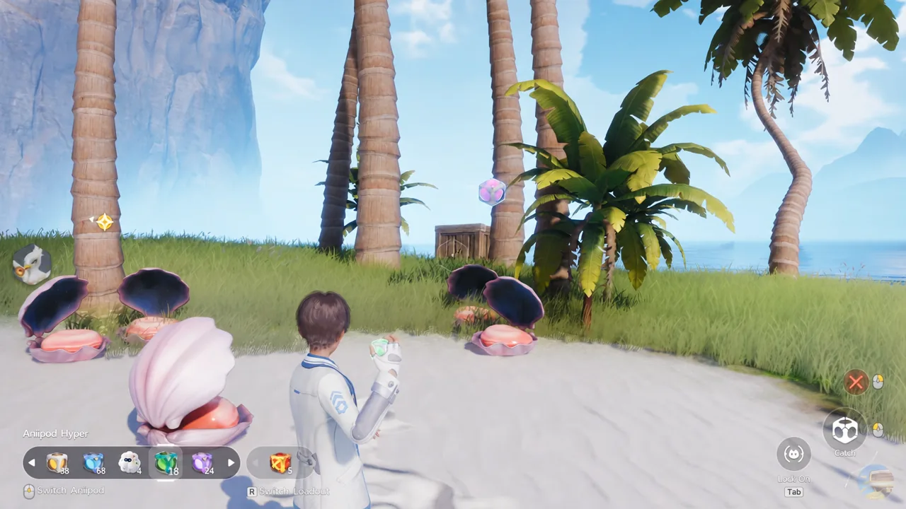 Capture device aimed at a nearby creature with the catch prompt shown on screen