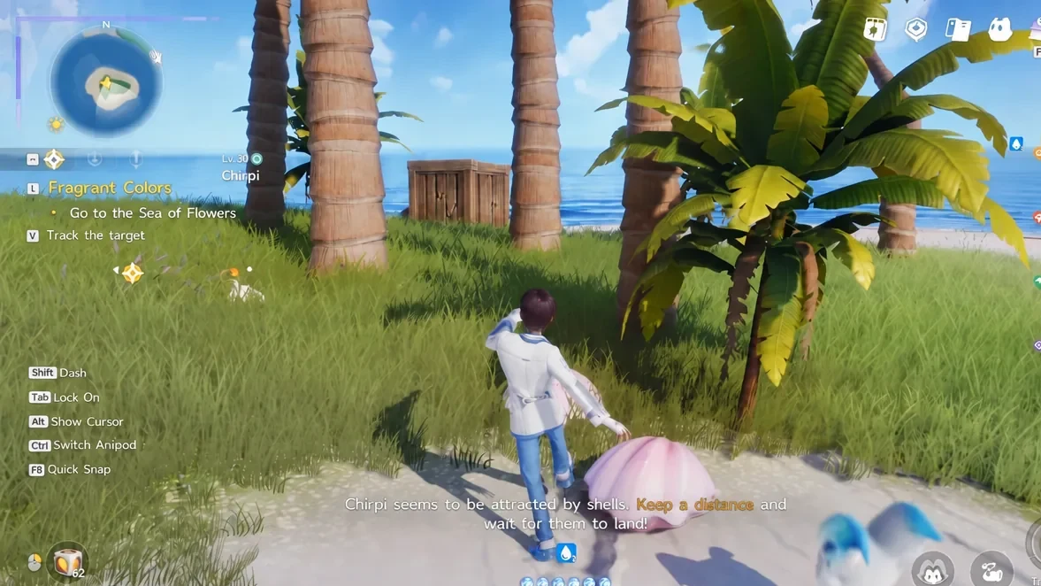 Player standing near a pink shell on the sand as a prompt appears on screen