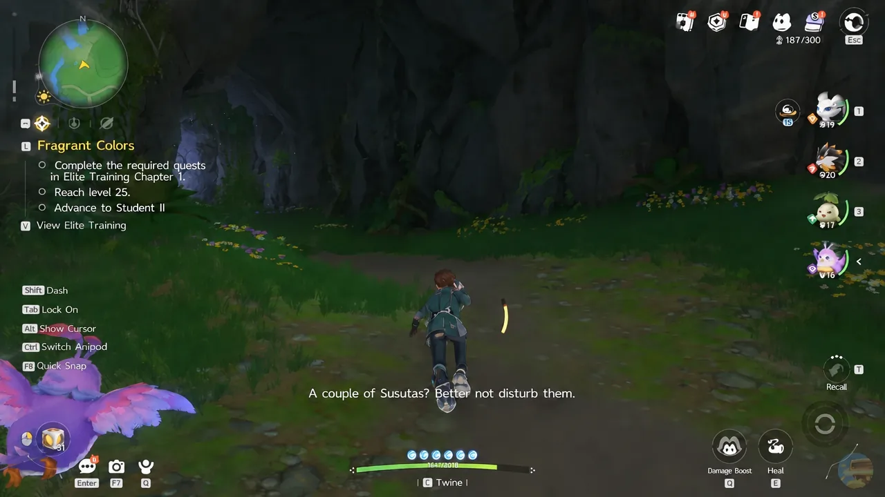 Running through forest toward the Echoback Landing cave with a quest panel open on the right