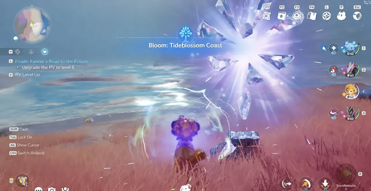Arriving at Tideblossom Coast in Aniimo with the region banner on screen during rain