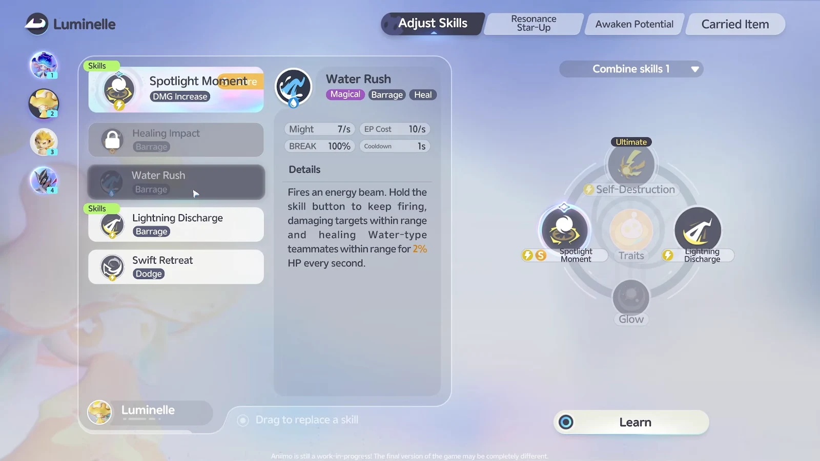 Adjust Skills menu with Water Rush highlighted and its Learn button available