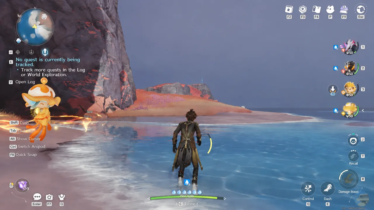 Running along the island shoreline toward the dark cave entrance where Luminelle spawns