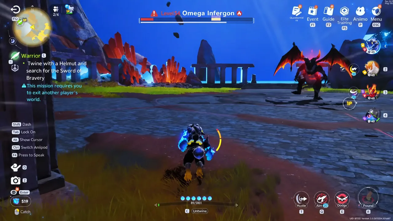 On-screen prompt to press C to Untwine while facing Omega Infergon