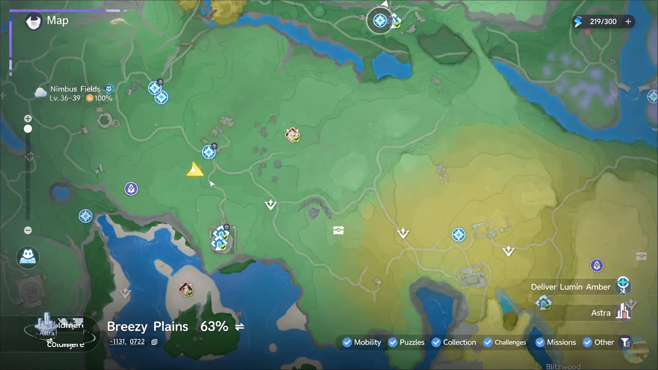 Breezy Plains map screen showing region exploration progress and surrounding area markers