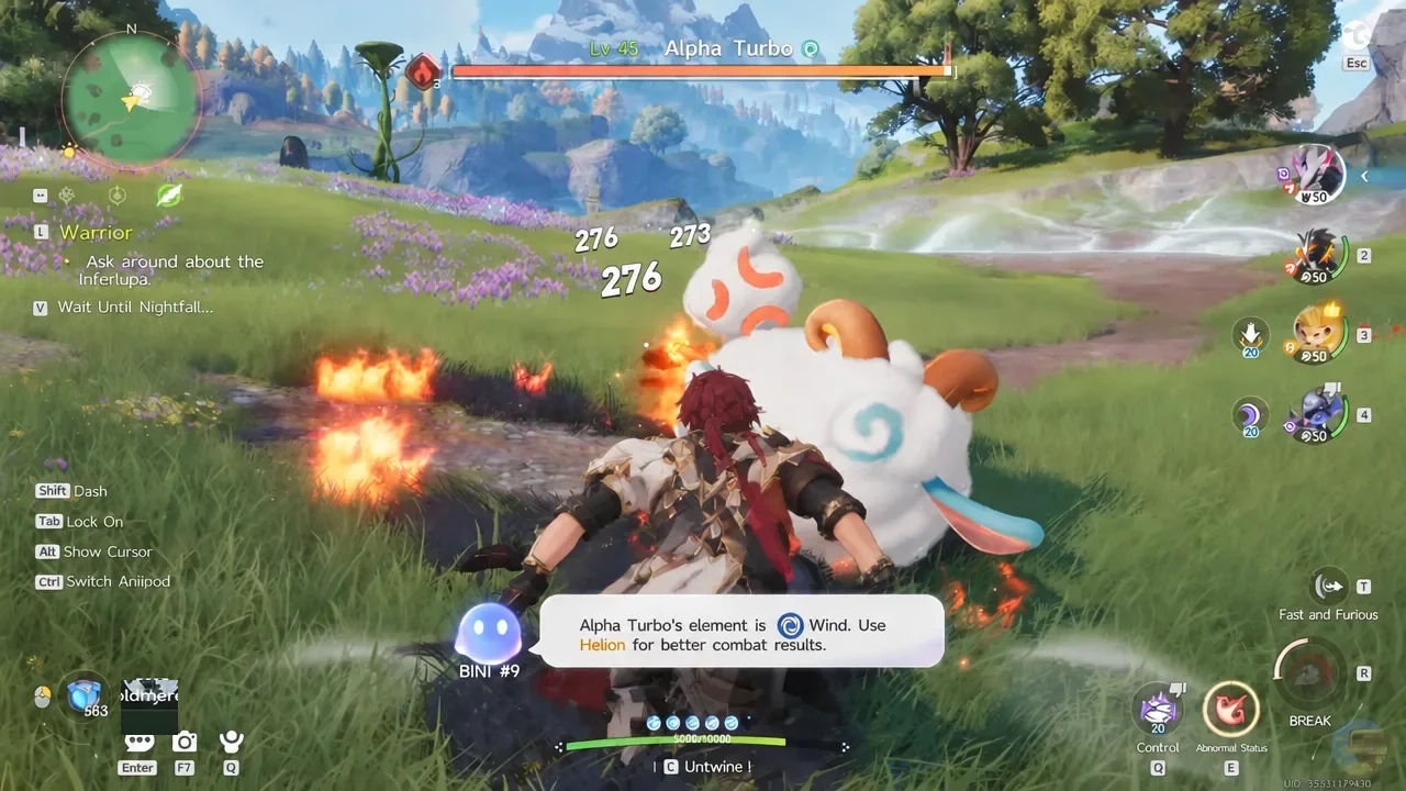 Combat screen with Alpha Turbo locked on and an elemental counter tip displayed