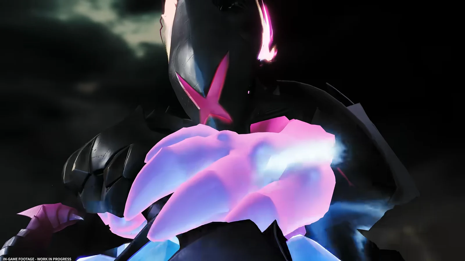 A black armored creature with vivid pink and blue features fills the frame against a dark background.