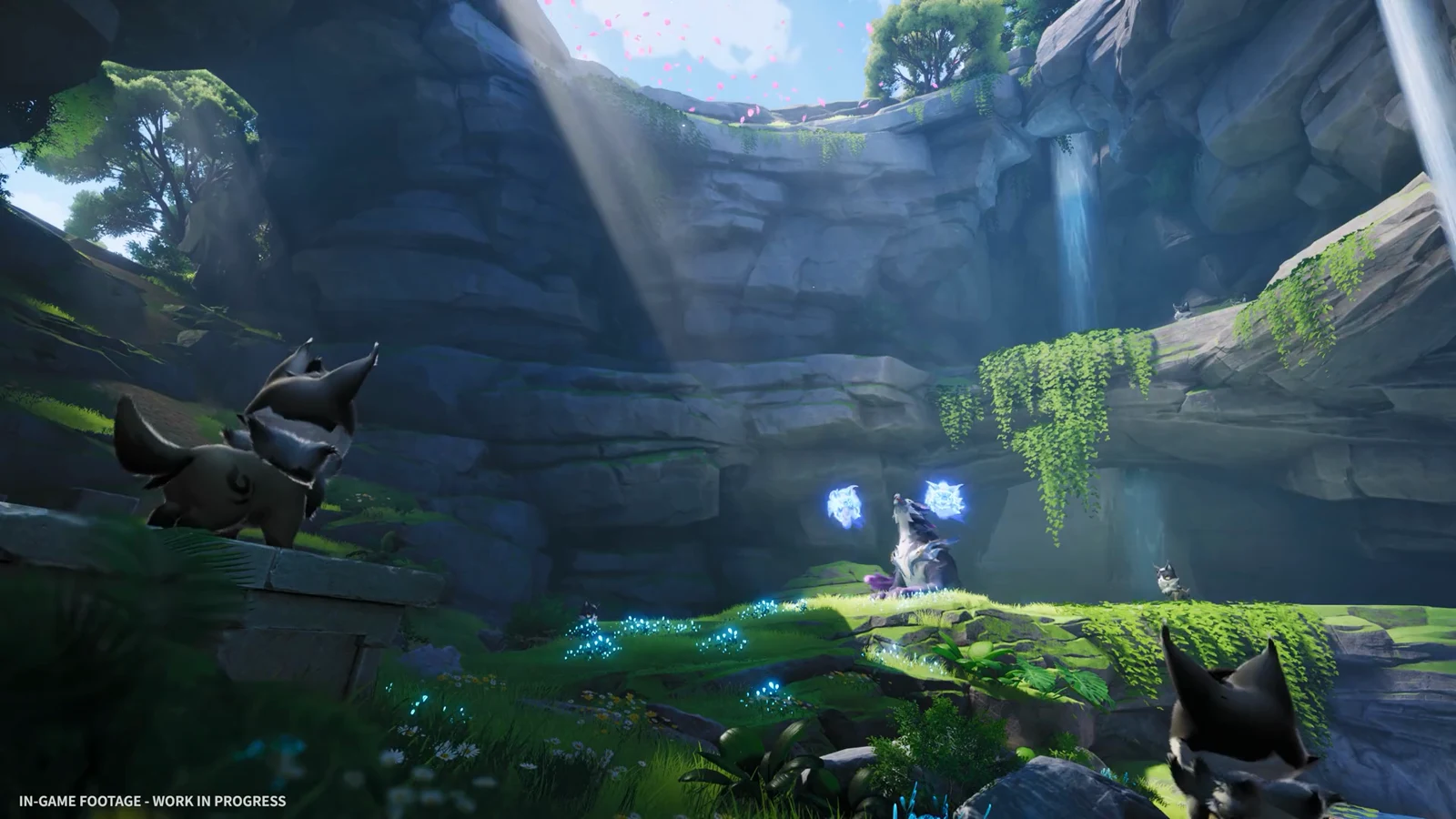 A black winged creature explores mossy stone ruins inside a glowing cavern during daylight.
