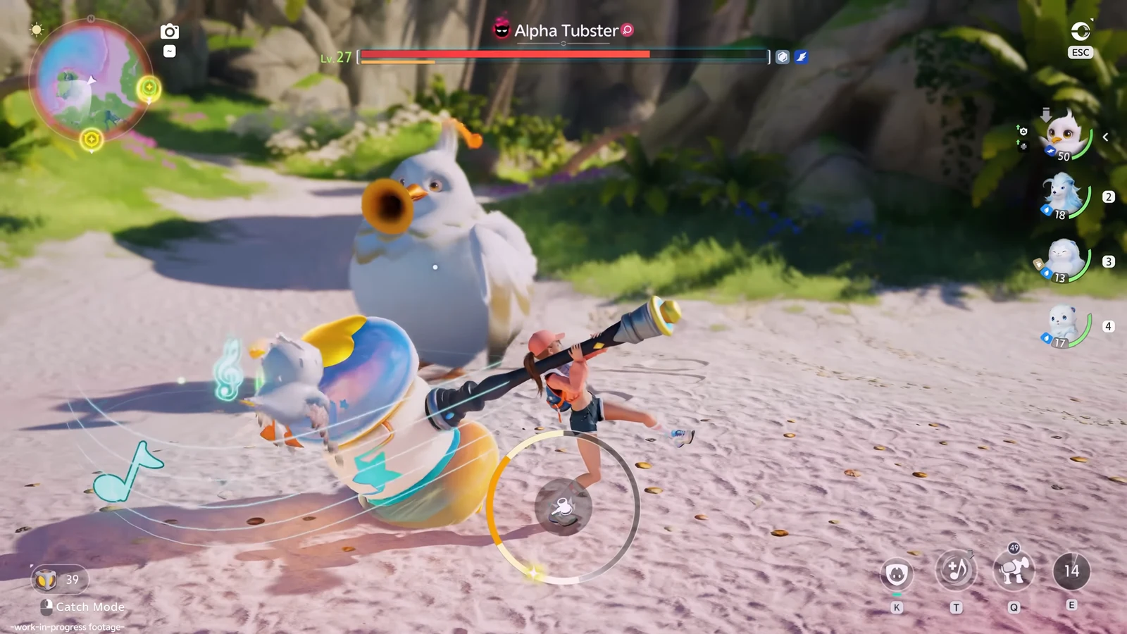 A blue-and-orange creature performs beside a large white creature on a sunny village path while musical notes float around them.