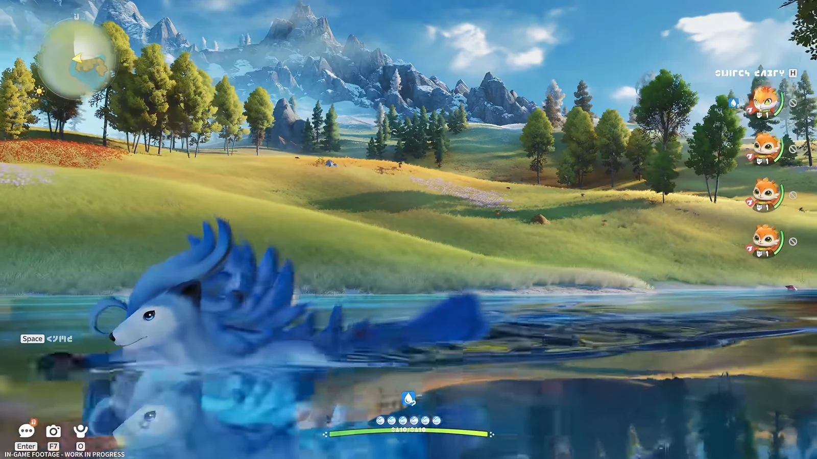 A blue antlered Aniimo swims in a lakeside foreground facing rolling grasslands, trees, and snowy mountains during the day.