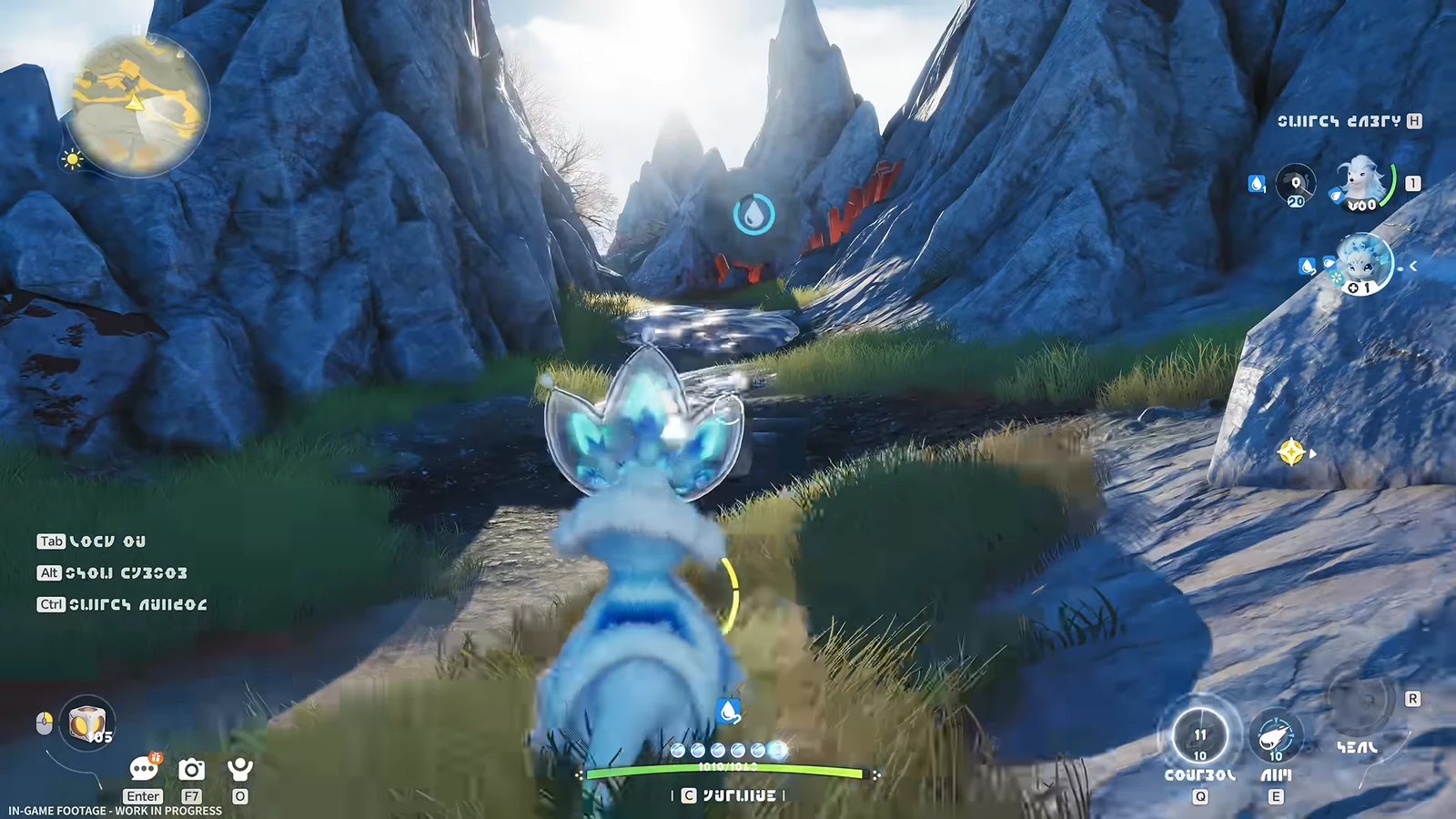 A blue fox-like creature approaches a glowing crystal in a rocky mountain pass beneath bright daylight.
