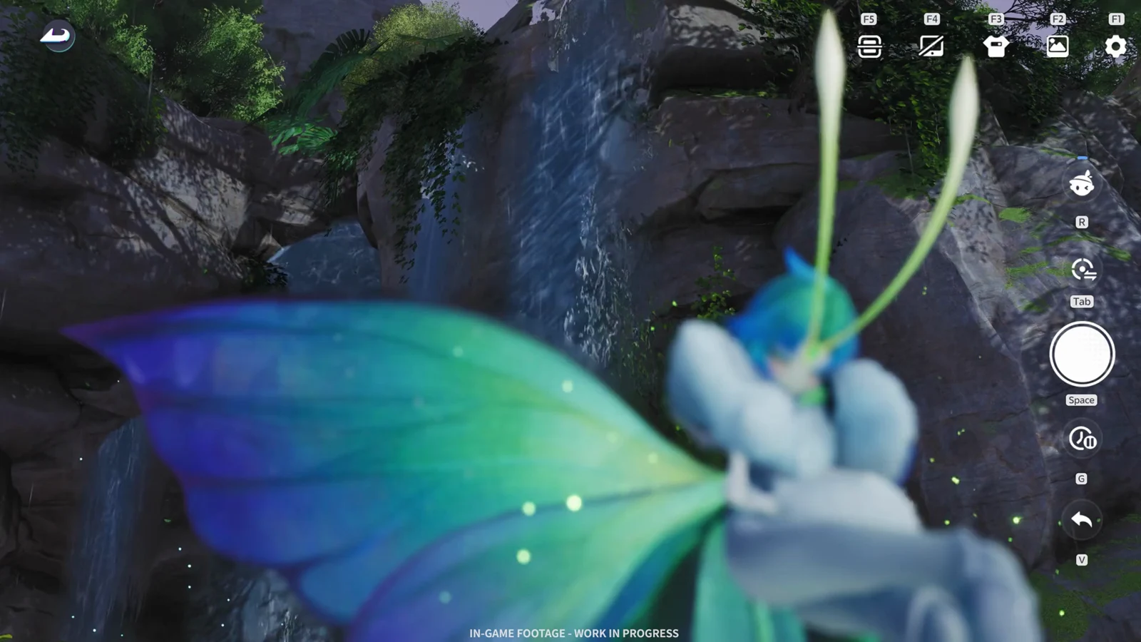 A blue-green winged creature with antennae fills the foreground beside a rocky forest waterfall.