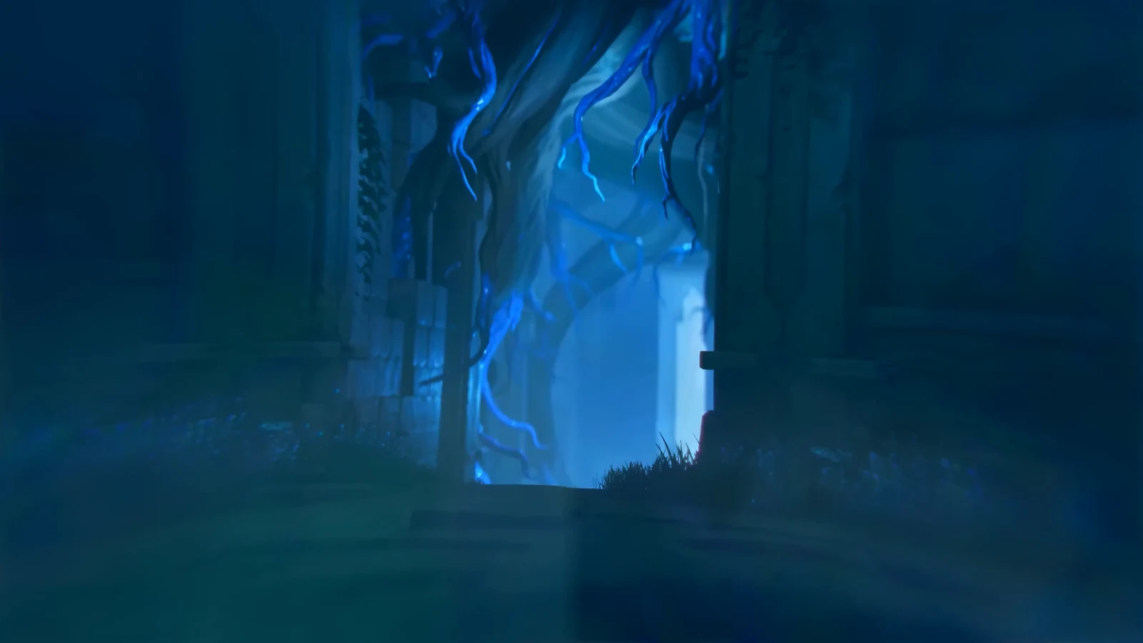 The player summons a fire creature to burn through the vine barrier, enters the glowing cave passage, and glides…