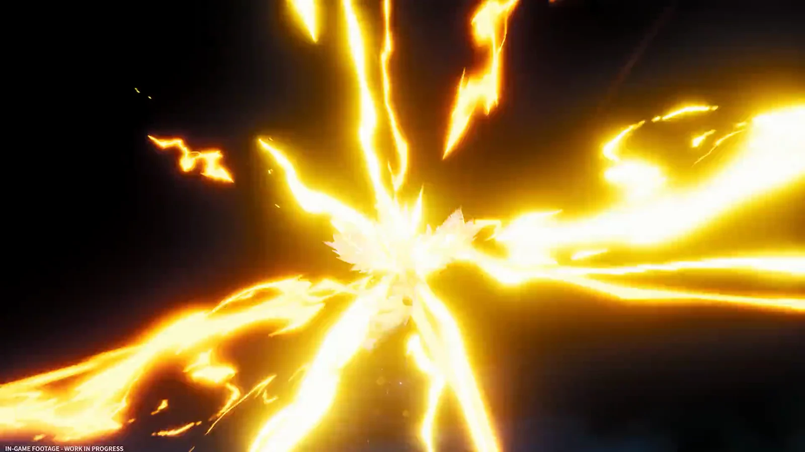 A brilliant golden lightning blast erupts around a creature in a dark combat scene.