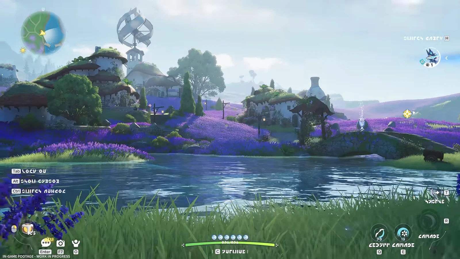 A broad lake landscape with purple flower fields, cottages, trees, and distant ruins is shown in bright daytime.