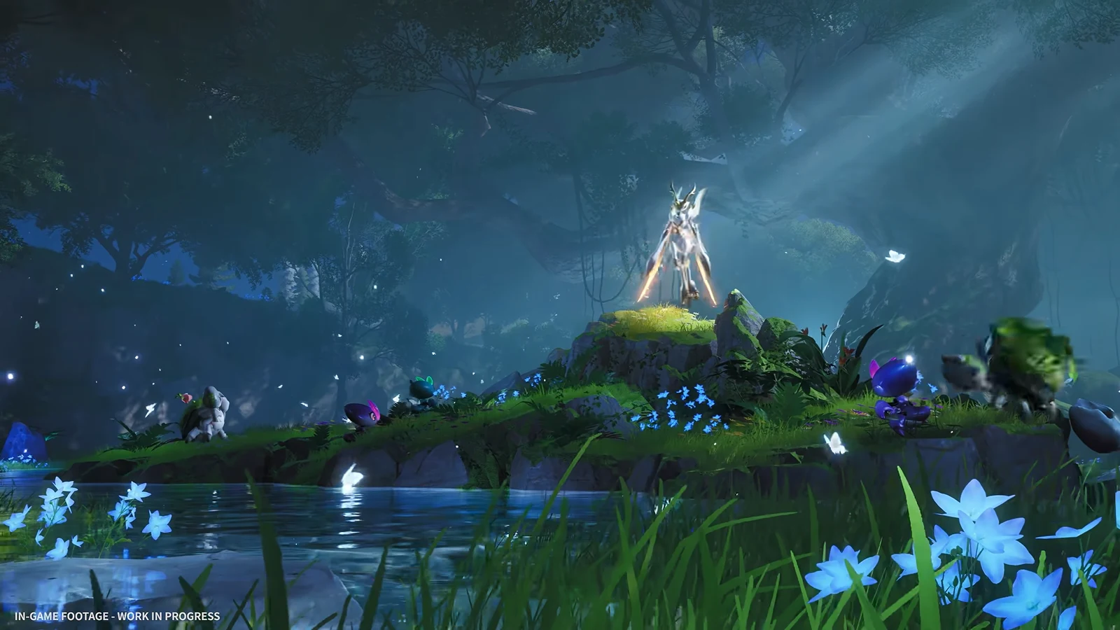 A broad moonlit forest wetland features reflective water, blue flowers, dense foliage, and a distant glowing figure.