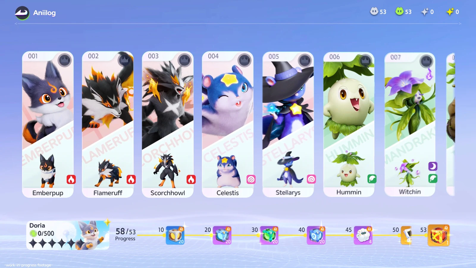 A creature collection menu displays illustrated companion cards and progression rewards on a purple interface.