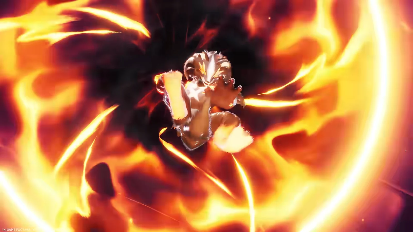 A fiery humanoid creature unleashes a blazing attack inside a circular inferno during combat.