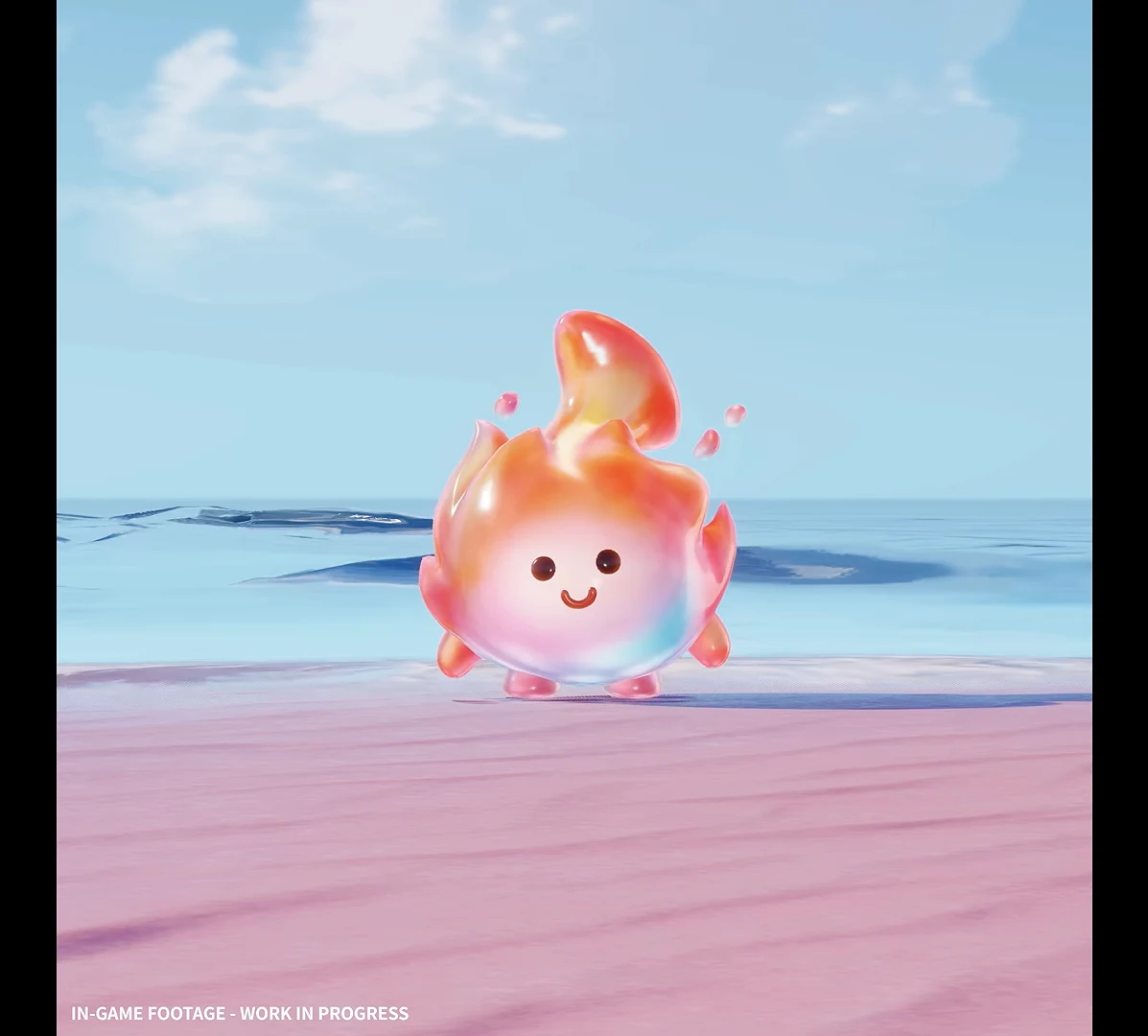 A flaming orange creature stands on a bright sandy beach beside the ocean during daytime.