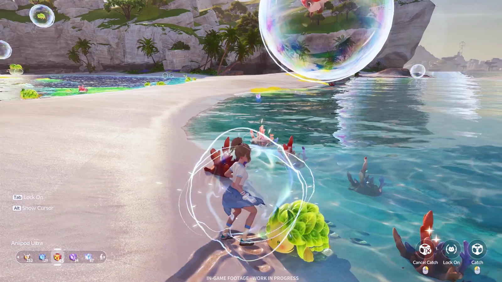 A human character battles beside a tropical beach lagoon while colorful creatures and a floating bubble appear nearby.