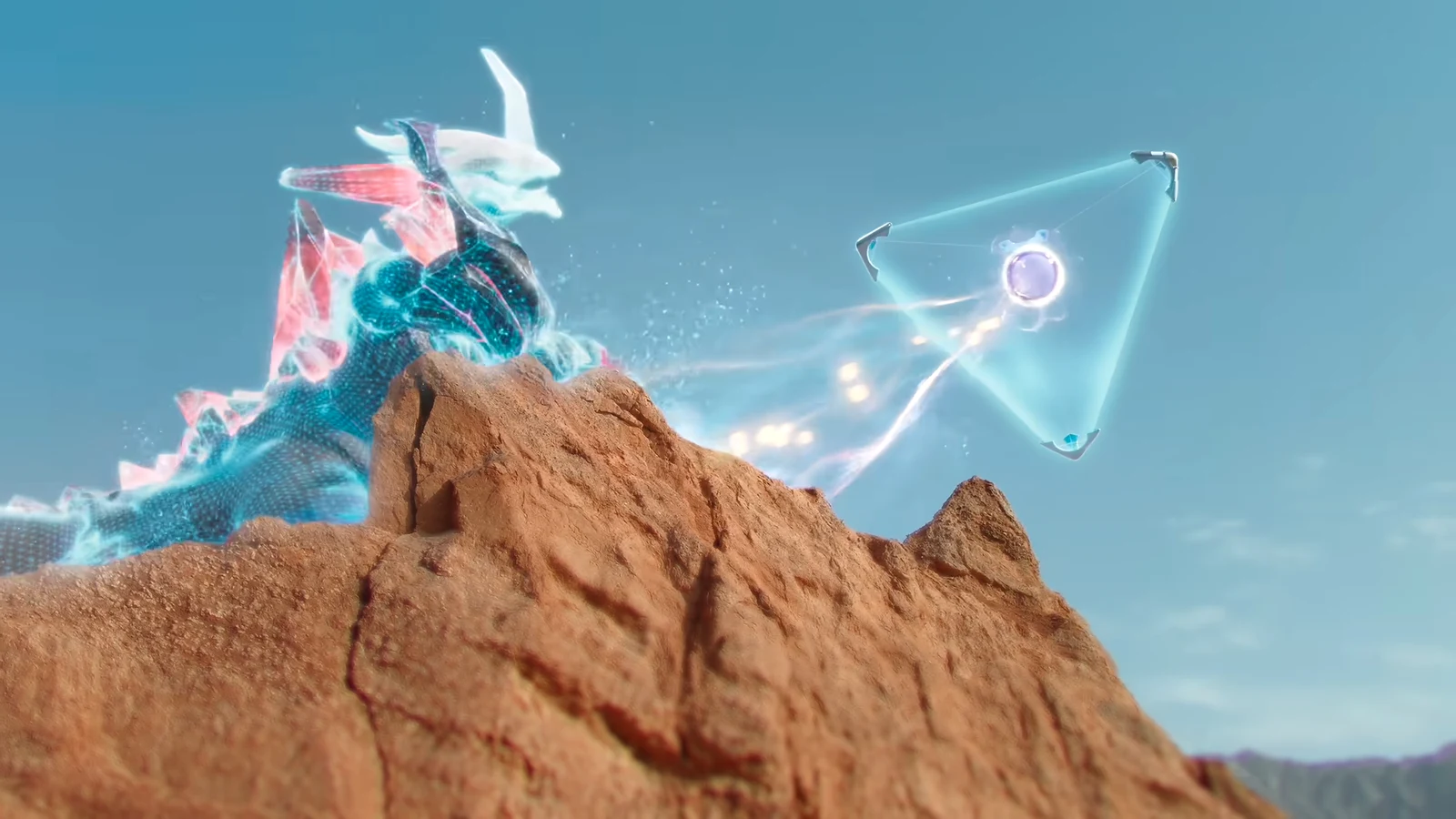 A large blue crystalline creature towers over a red-rock canyon beside a glowing triangular capture interface in daylight.