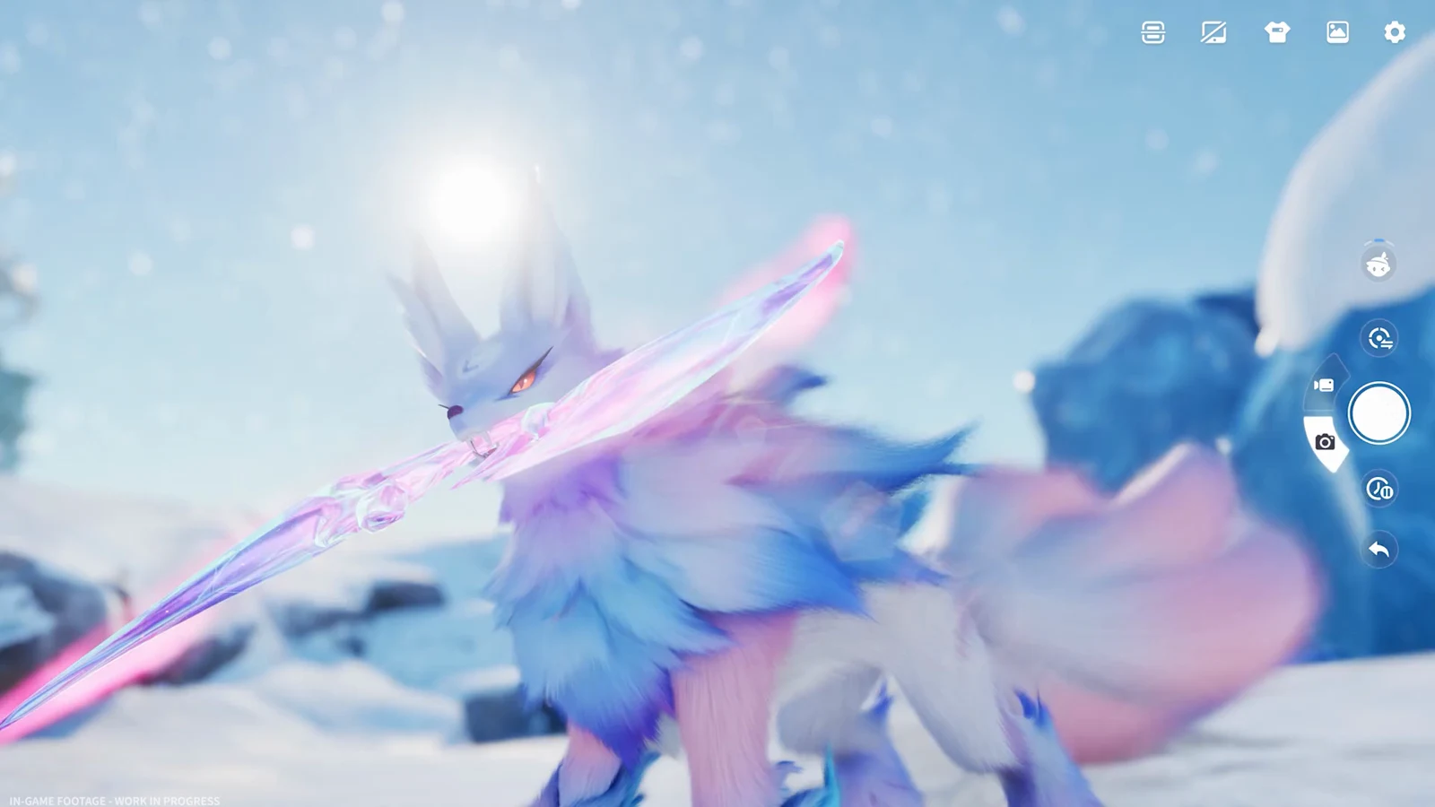 A large white-and-pink creature with luminous wings fills the foreground of a bright outdoor landscape during daylight.
