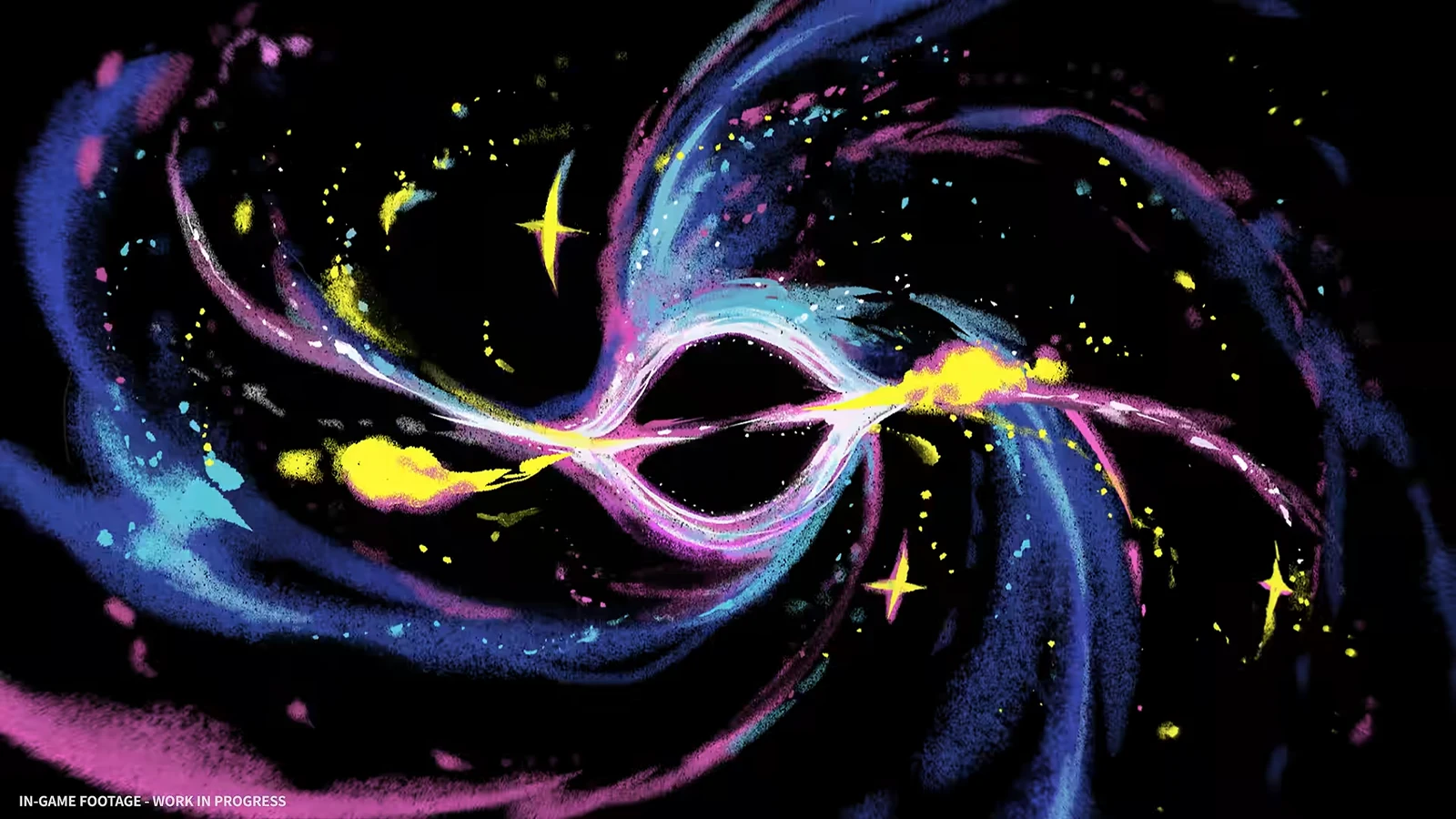 A luminous ribbon-like cosmic creature twists through a black star-filled void.
