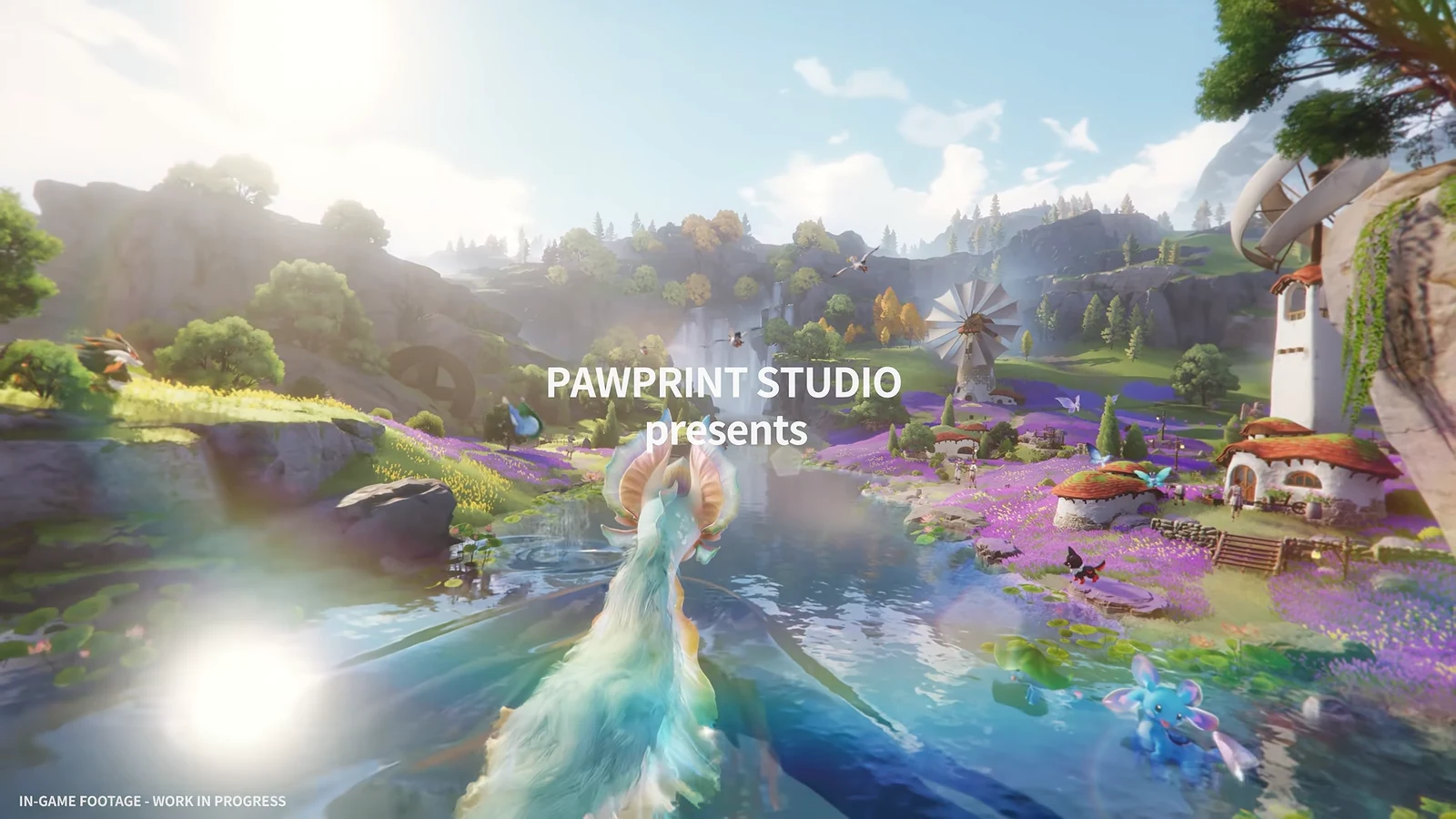 A pale blue creature overlooks a sunlit lake, windmill, and purple-flowered valley beneath floating islands.