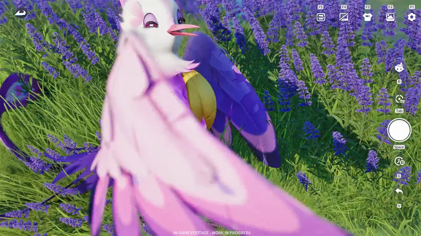 A pink-and-white birdlike creature stands among tall purple flowers in a bright meadow.