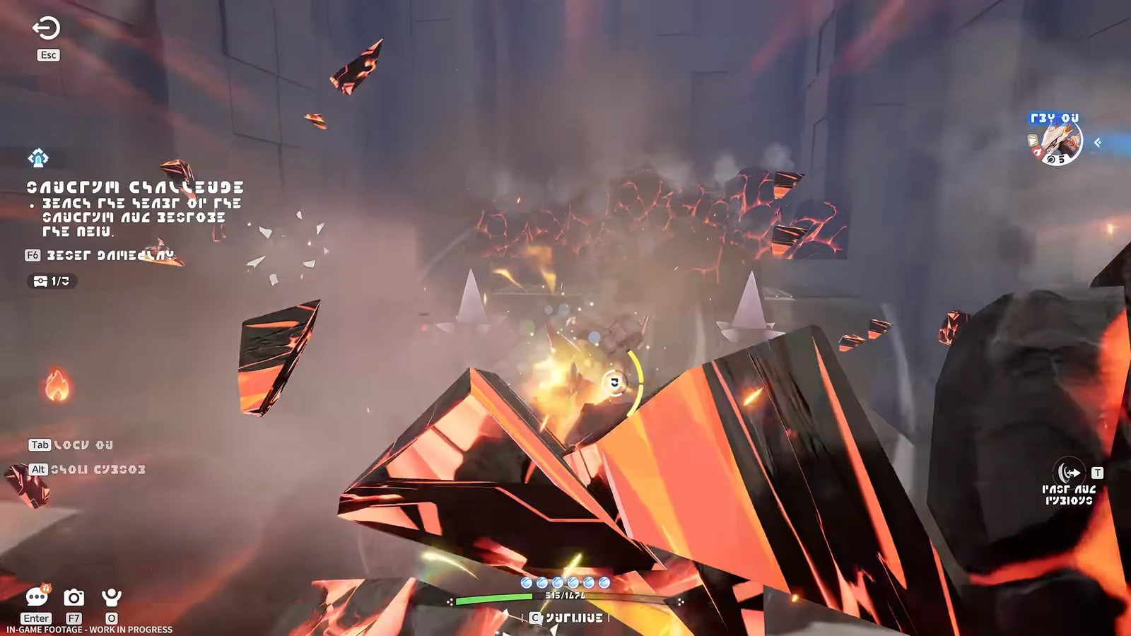 A player character battles enormous burning crystal shards in a dark, smoke-filled volcanic arena.