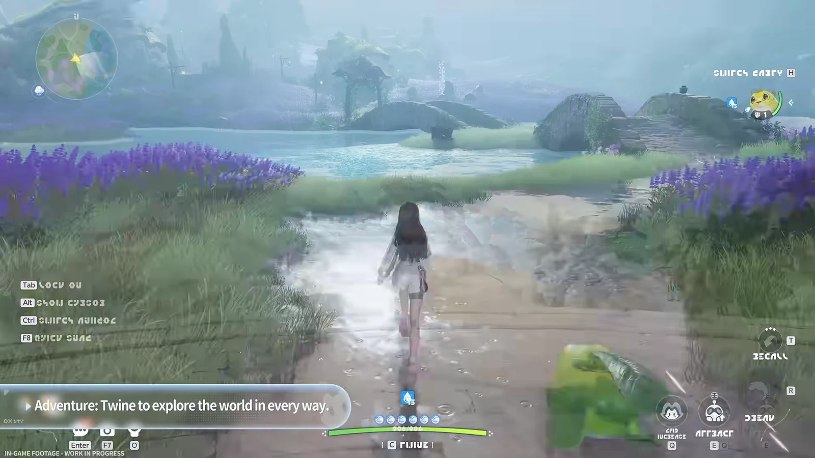Arriving at Frigid Waters, the player sprints through Beast Fang Ridge across grassy hills and purple flower meadows…