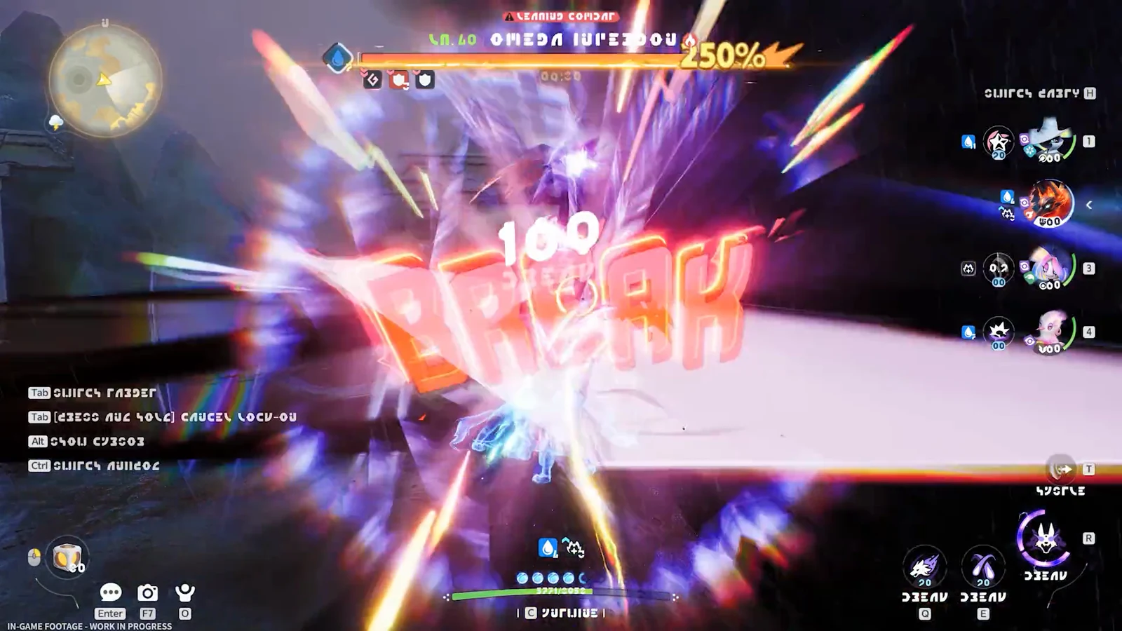 A player creature strikes an opponent with a colorful attack in a dark battle arena.