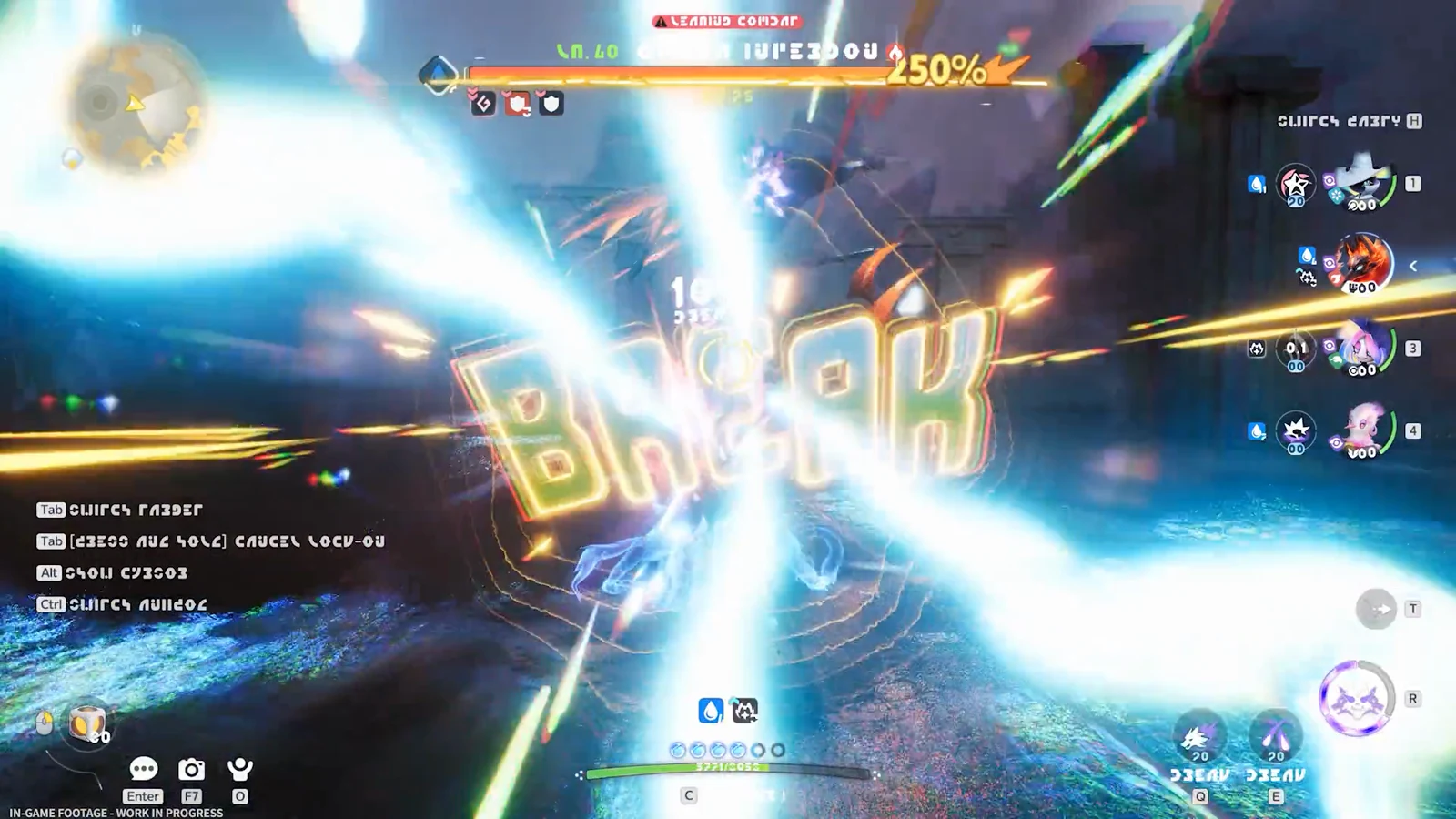 A player creature unleashes a brilliant blue energy attack against an opponent in a dark arena.