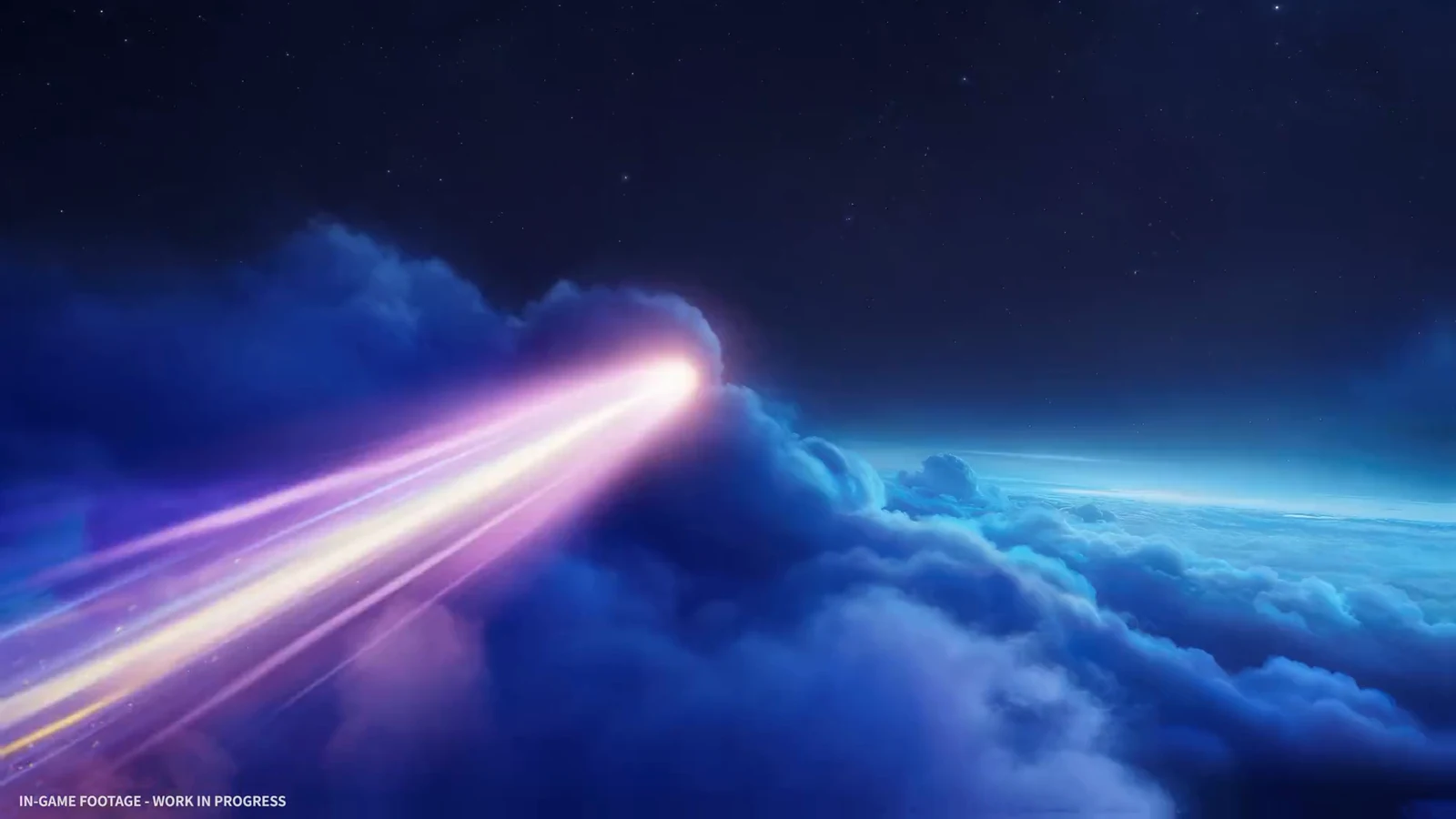A radiant pink-and-blue trail travels above a sea of clouds beneath a dark twilight sky.