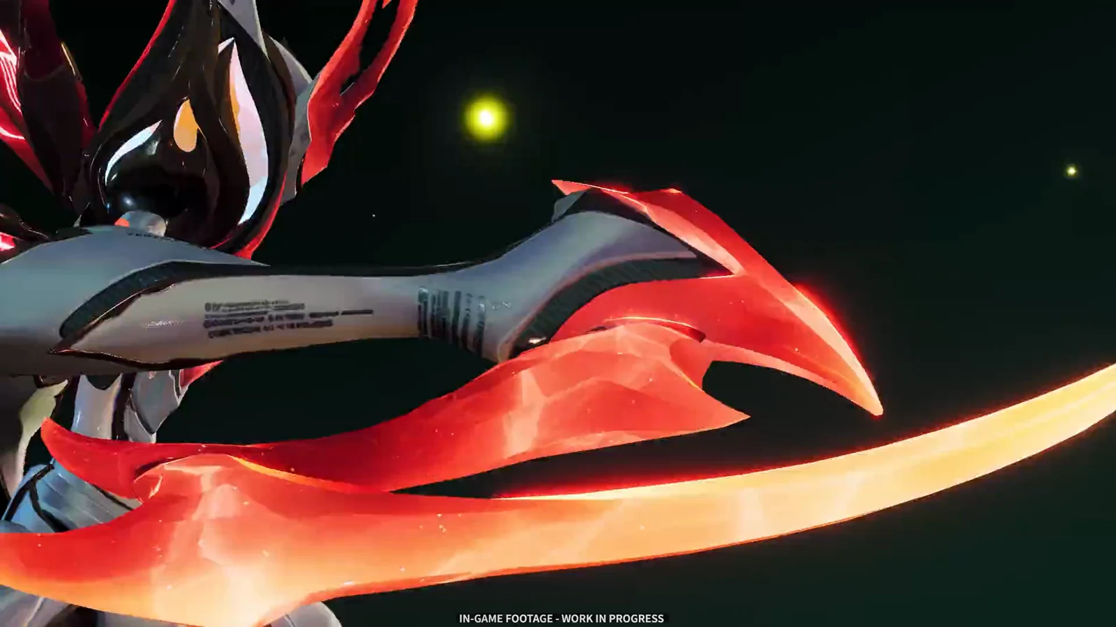A red-and-black armored creature extends a long glowing blade-like appendage in a dark nighttime scene.
