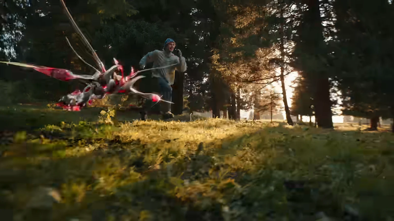 A red-and-white winged creature flies beside a person in a sunlit forest during late afternoon.
