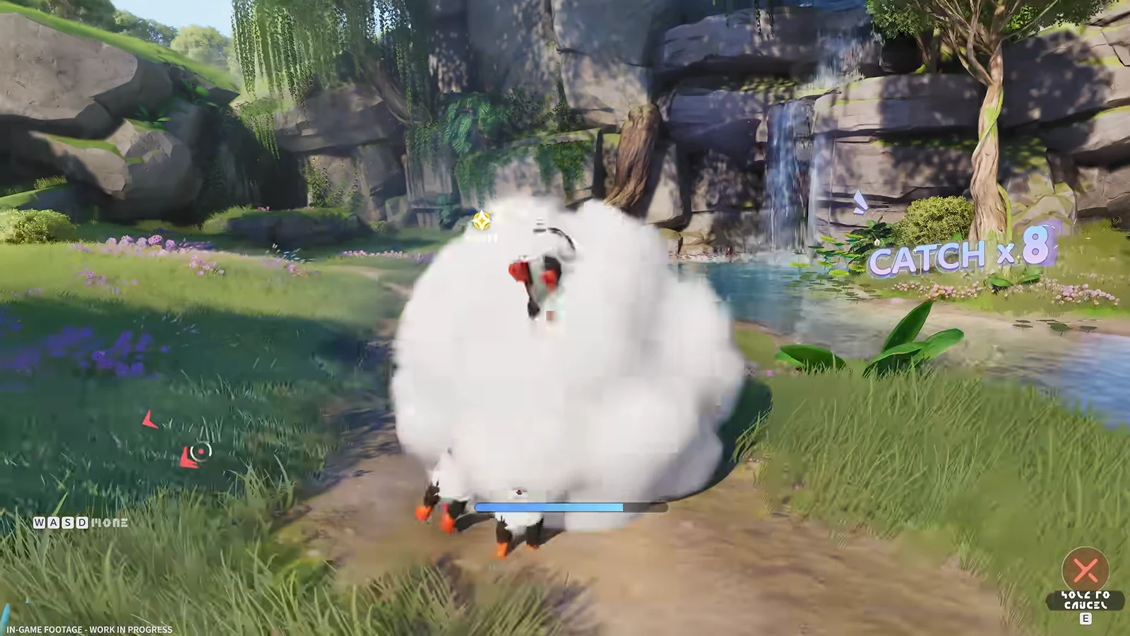A small black-and-red creature attacks a giant white fluffy creature in a sunny grassy clearing, with a catch counter displayed.
