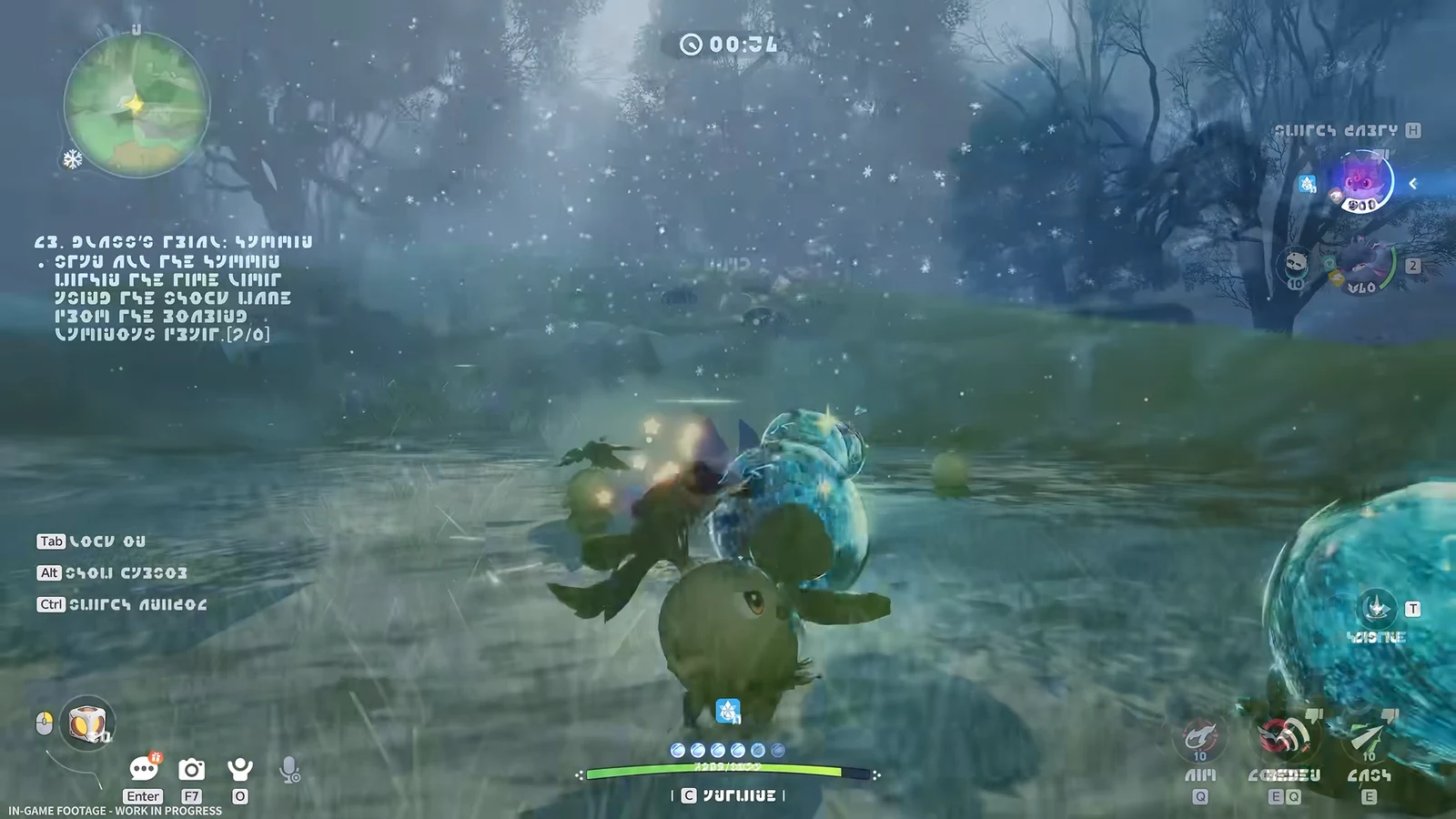 A small green creature navigates shallow water in a rainy forest while the gameplay HUD is visible.