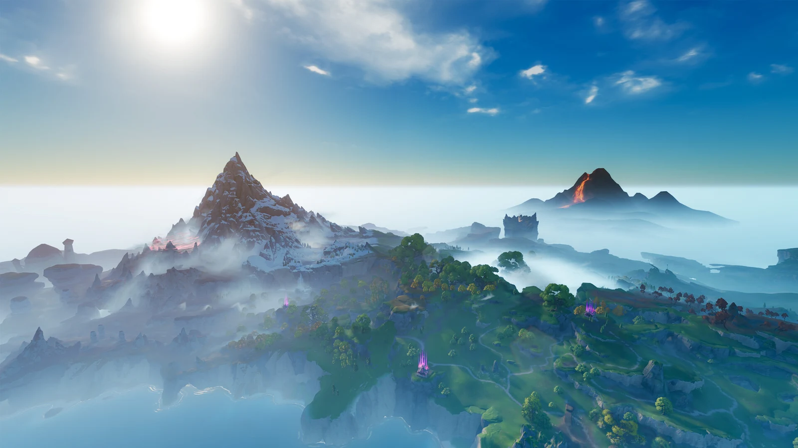 A sweeping view shows misty mountains, islands, and green valleys beneath a bright blue daytime sky.