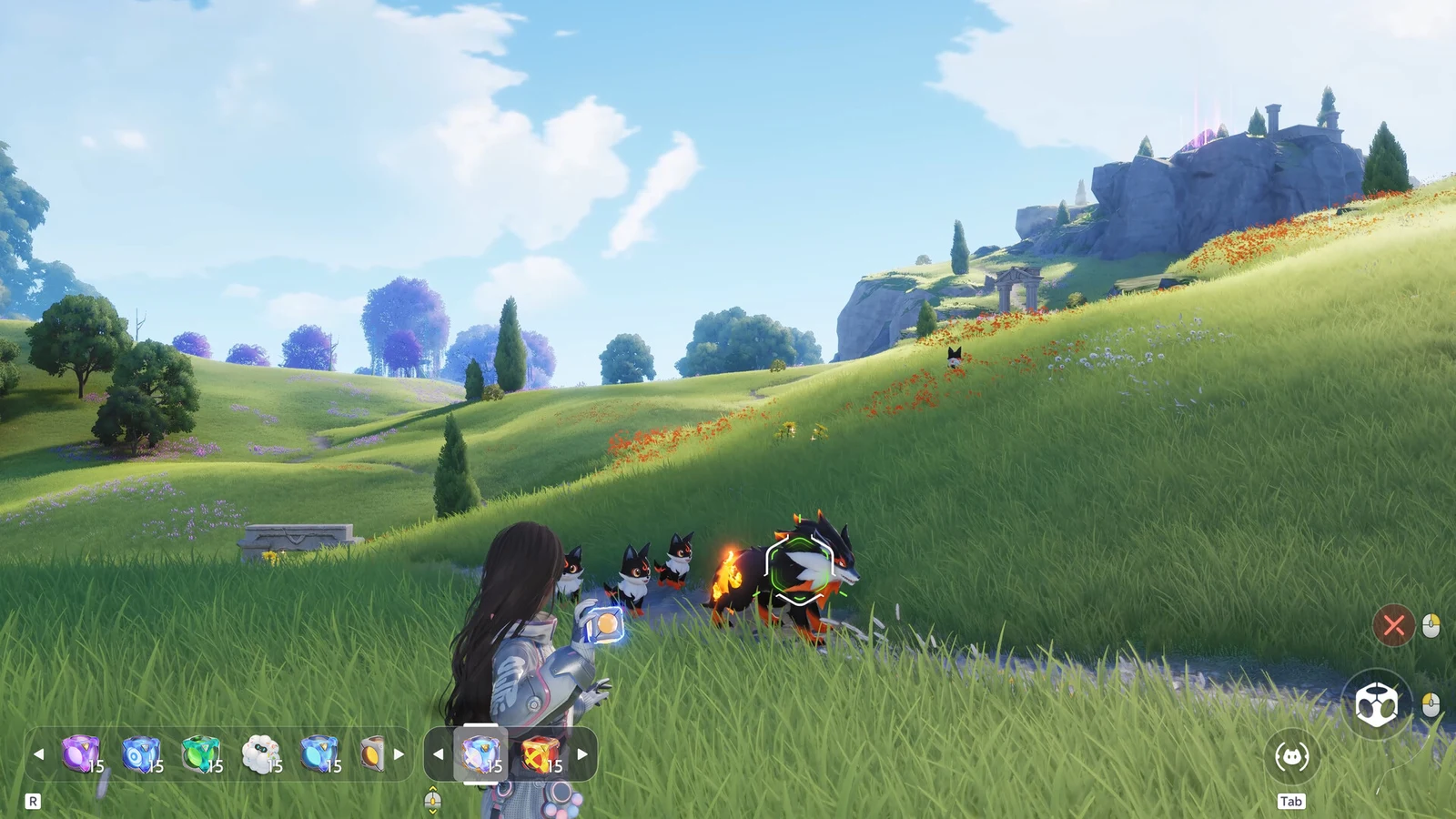 A third-person character faces a small creature in rolling green hills beneath a distant castle on a sunny day.