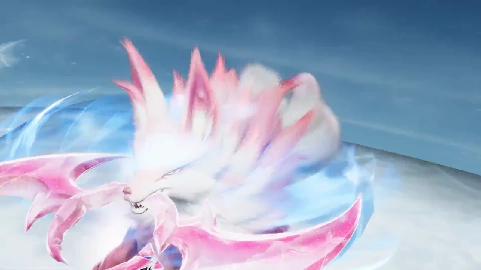A white-and-pink fox-like creature poses on a bright icy landscape beneath a blue sky.