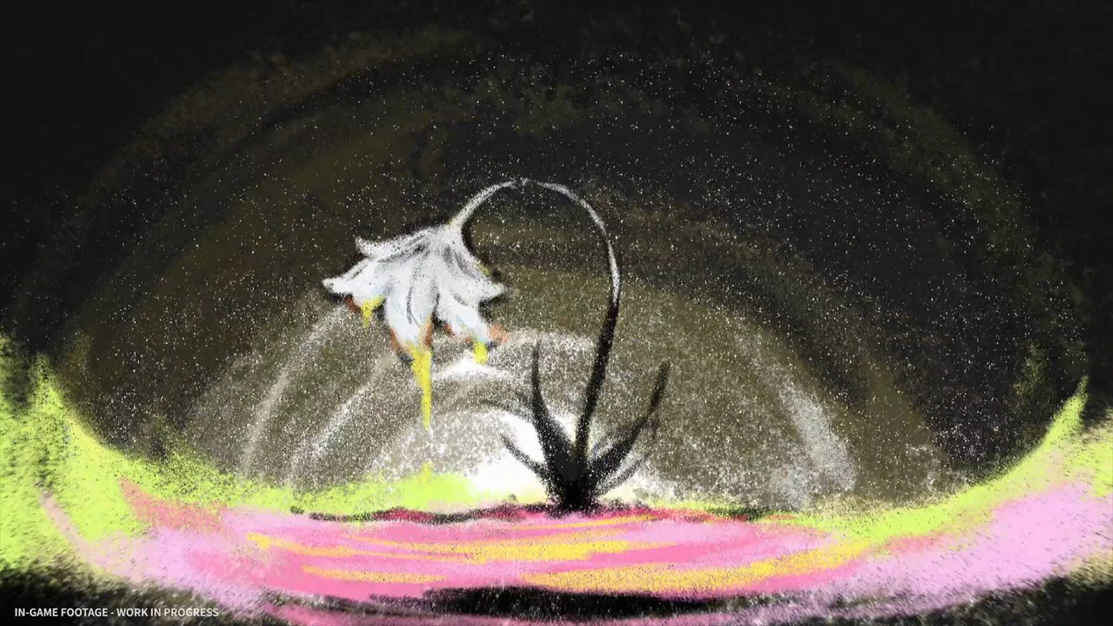 A white flowerlike creature confronts a dark creature amid swirling energy over a vivid pink-and-green ground.