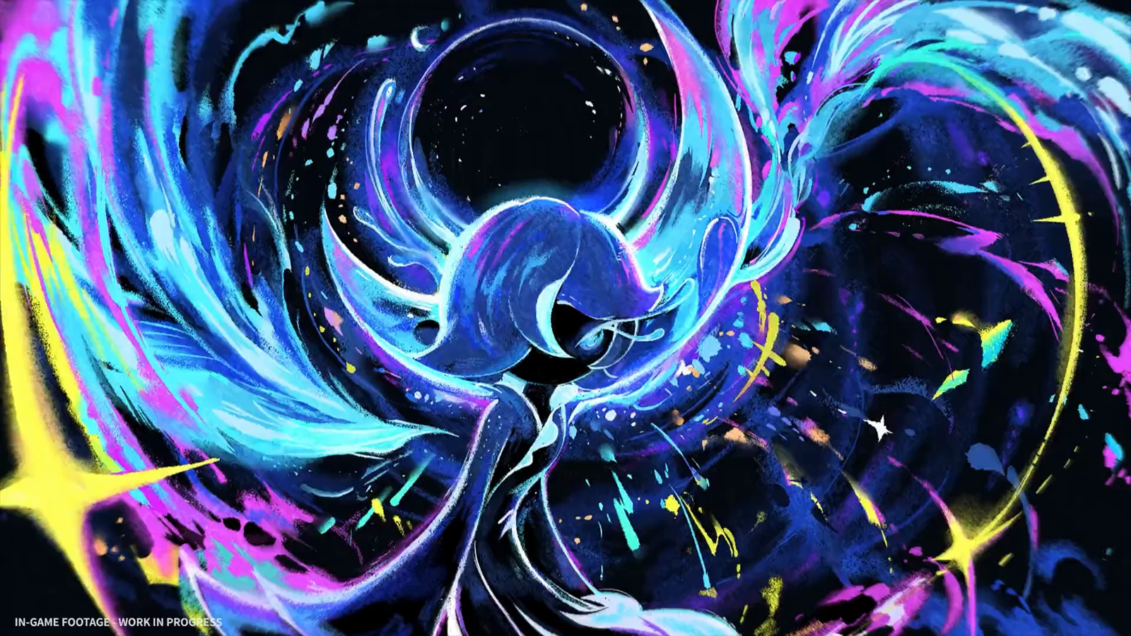A winged creature flies through explosive blue and purple cosmic energy, surrounded by stars and swirling light at night.